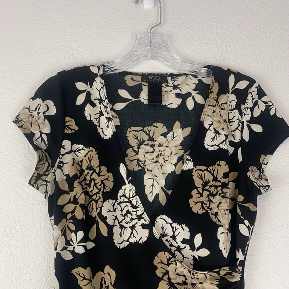 Vintage BCBGMaxazria Dress Womens Small 90s Y2K Floral Faux Wrap Black Tan S - Picture 2 of 7